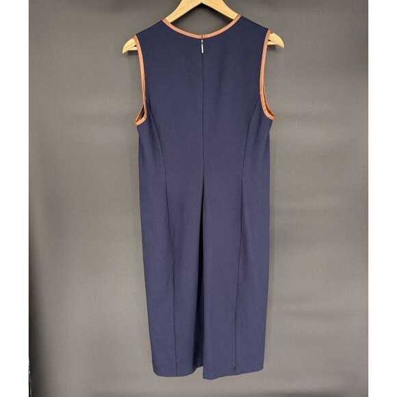 Lauren Ralph Lauren Sleeveless Midi Dress Size S/M Navy Faux Leather Trim Preppy - Picture 2 of 7